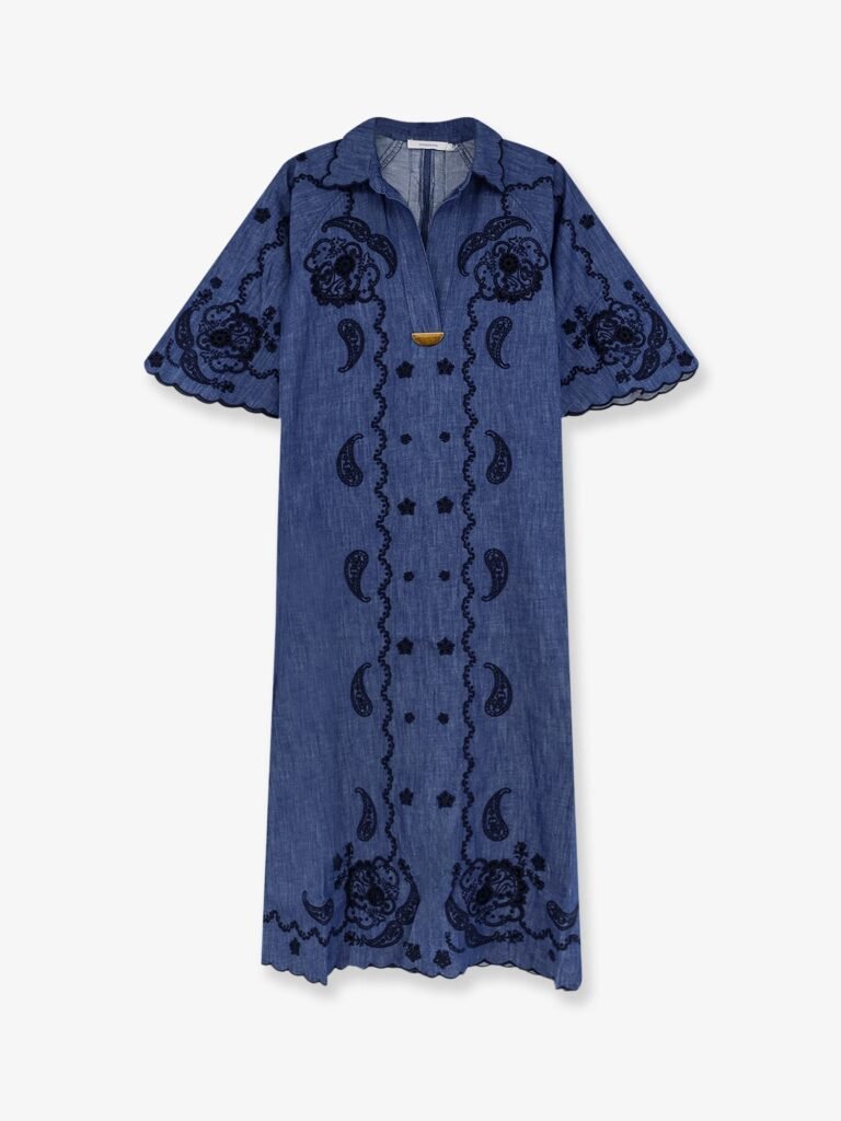 Aster long denim dress with contrasting embroidery