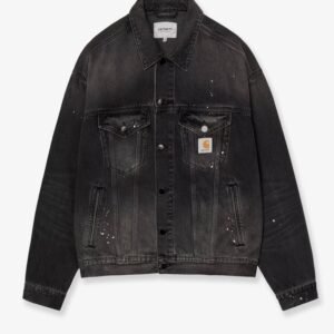 Black denim jacket with a distressed effect