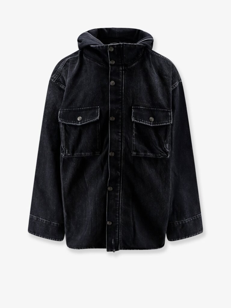 Black denim jacket with embroidered logo on the front