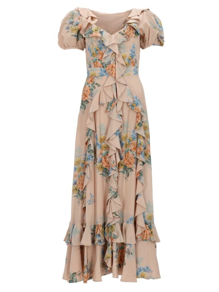 FLORAL PRINT RUCHED SILK DRESS