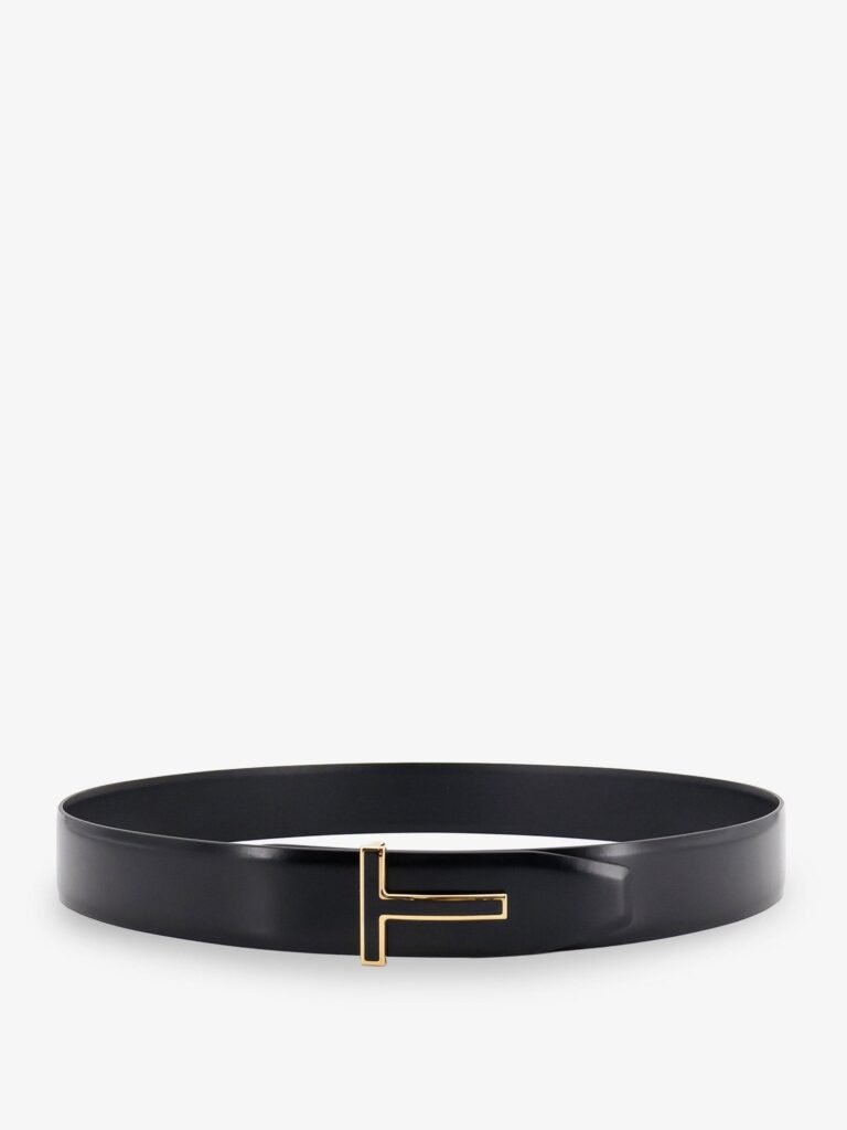 Leather belt with metal logo buckle