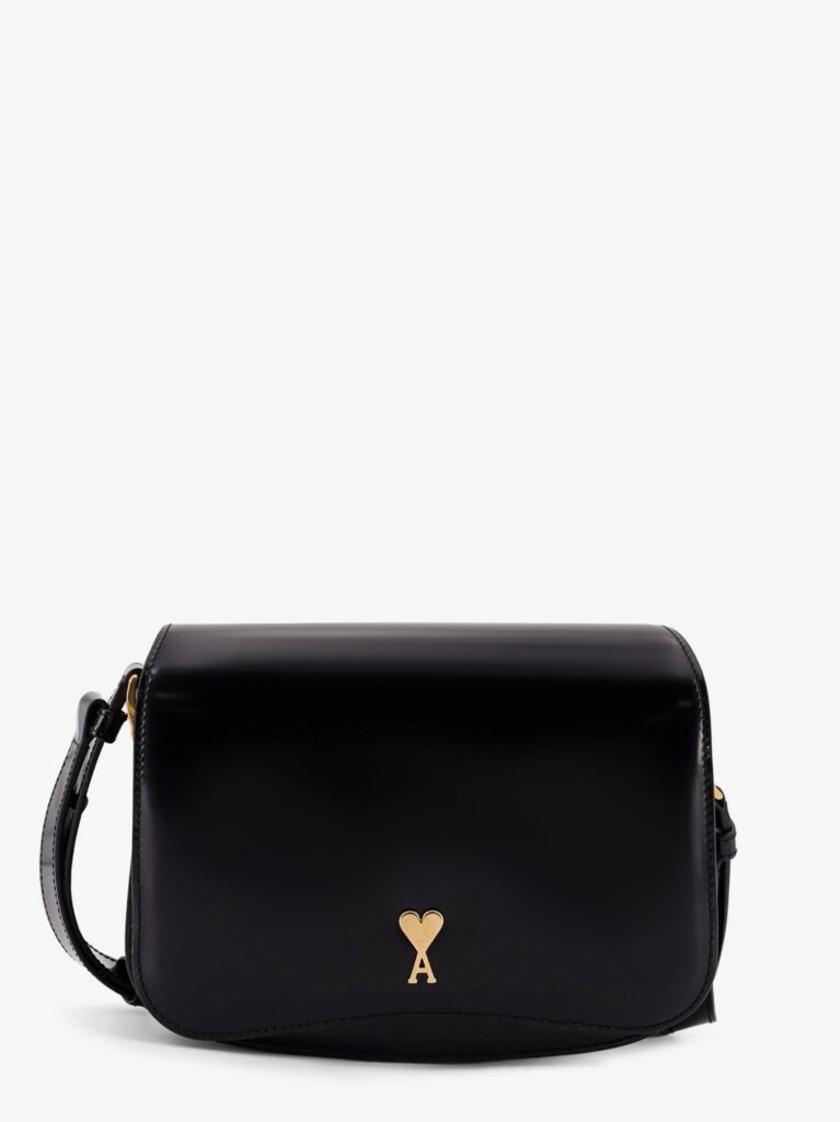 Leather shoulder bag with metal logo on the front