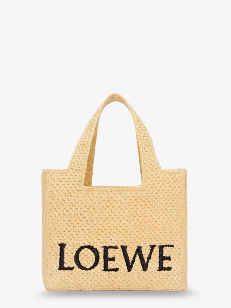 Paula's Ibiza -Small Loewe Font raffia handbag with embroidered logo on the front