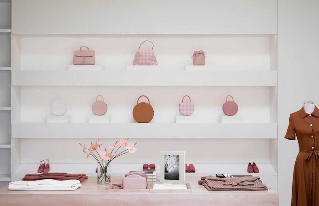 Elegant luxury boutique display with designer handbags neatly arranged on white shelves