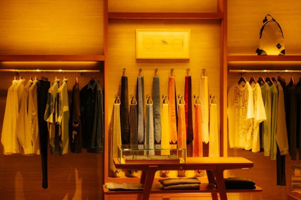 Warm-lit boutique interior with curated clothing rails and wooden fixtures representing Belgian luxury fashion craftsmanship