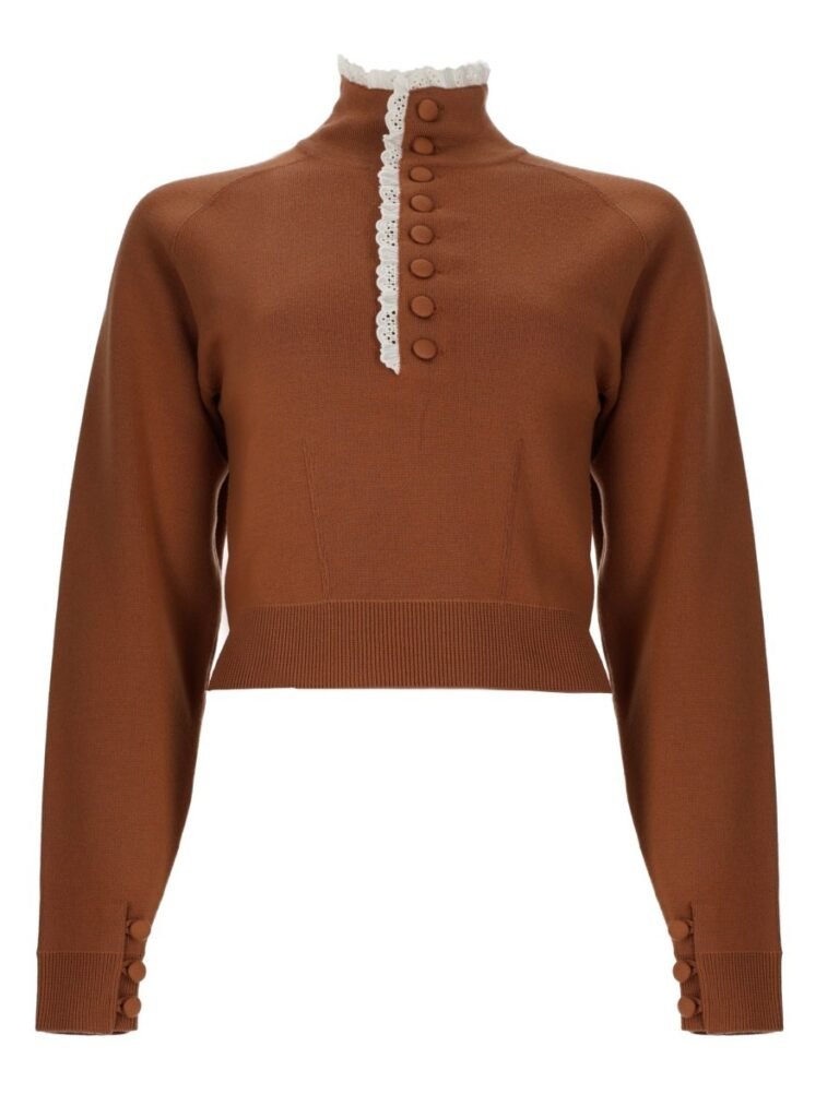 PULLOVER A COLLO ALTO IN MAGLIA DI LANA E PIZZO