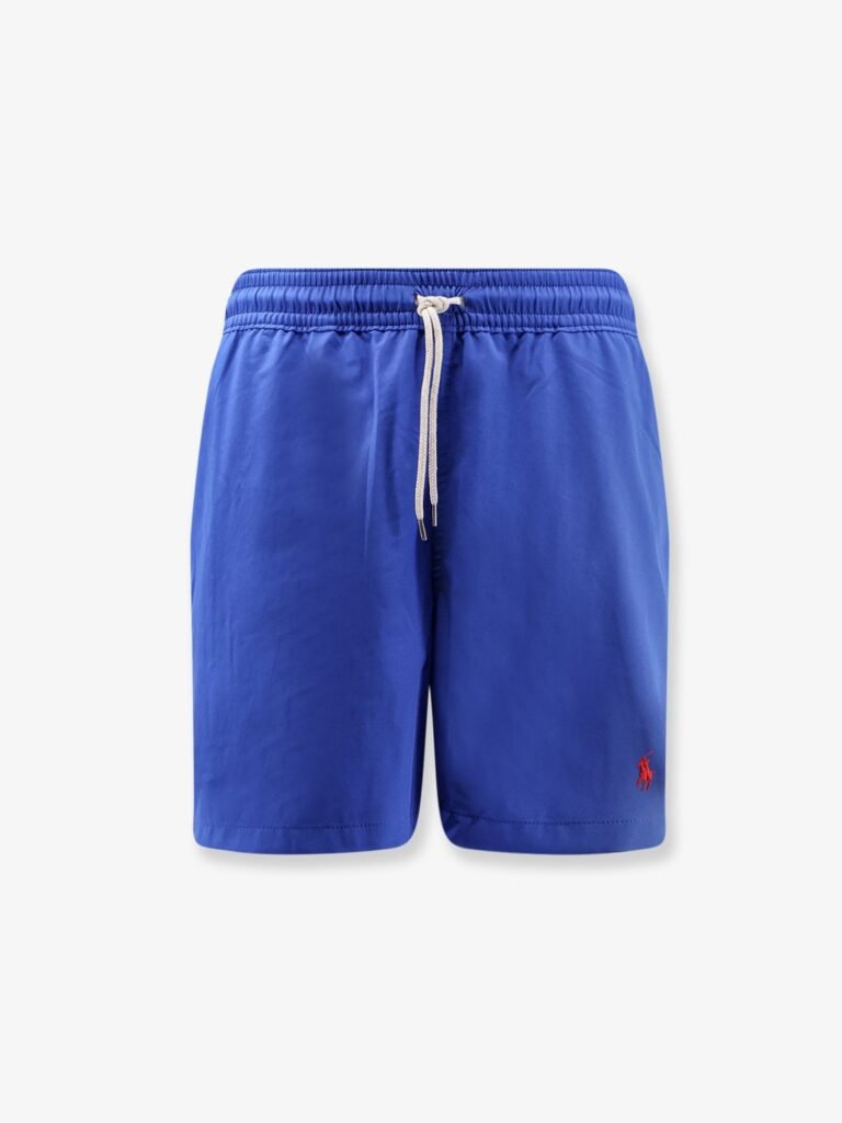 Recycled nylon swim trunks with embroidered logo on the front