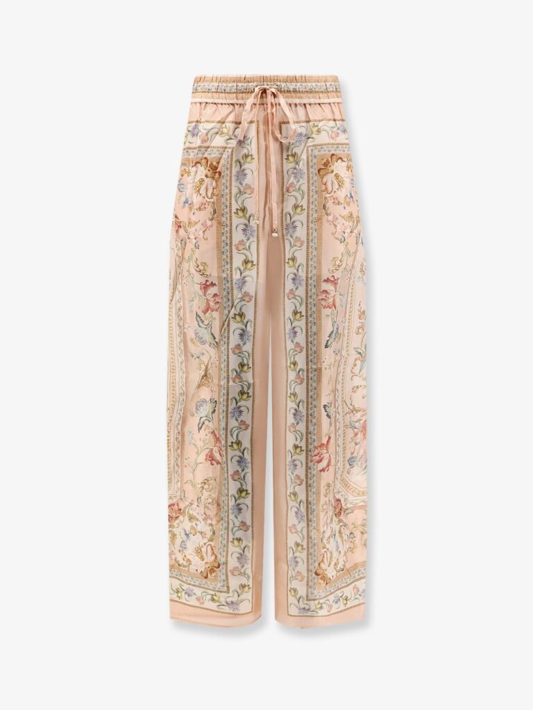Roselight Silk Trousers with Pink Tapestry Floral Print