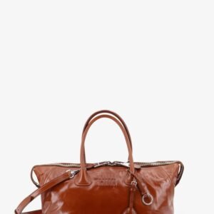 Shiny leather handbag with front lettering logo