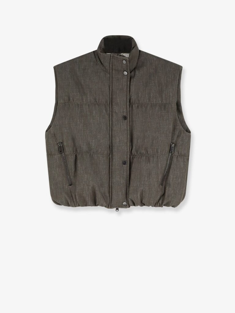 Sleeveless effect twill-denim down jacket