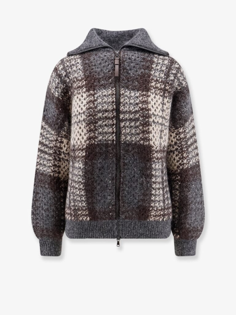 Cardigan with intarsia and micro-sequin embroidery