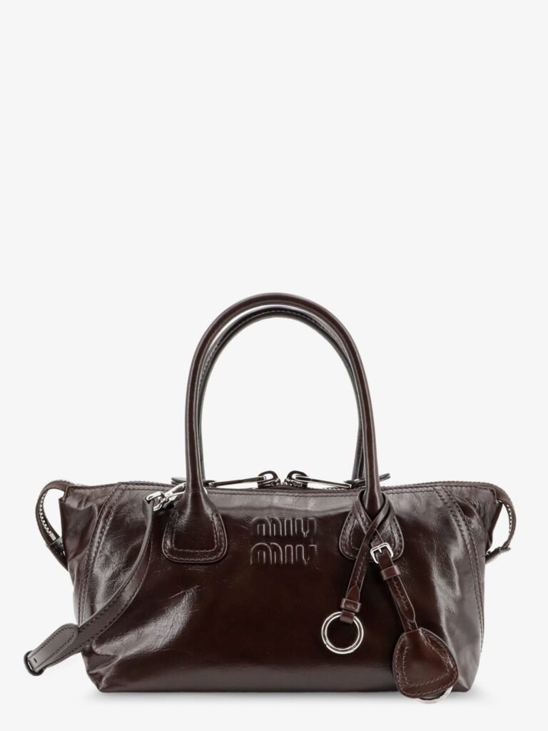 Leather handbag with embossed lettering logo