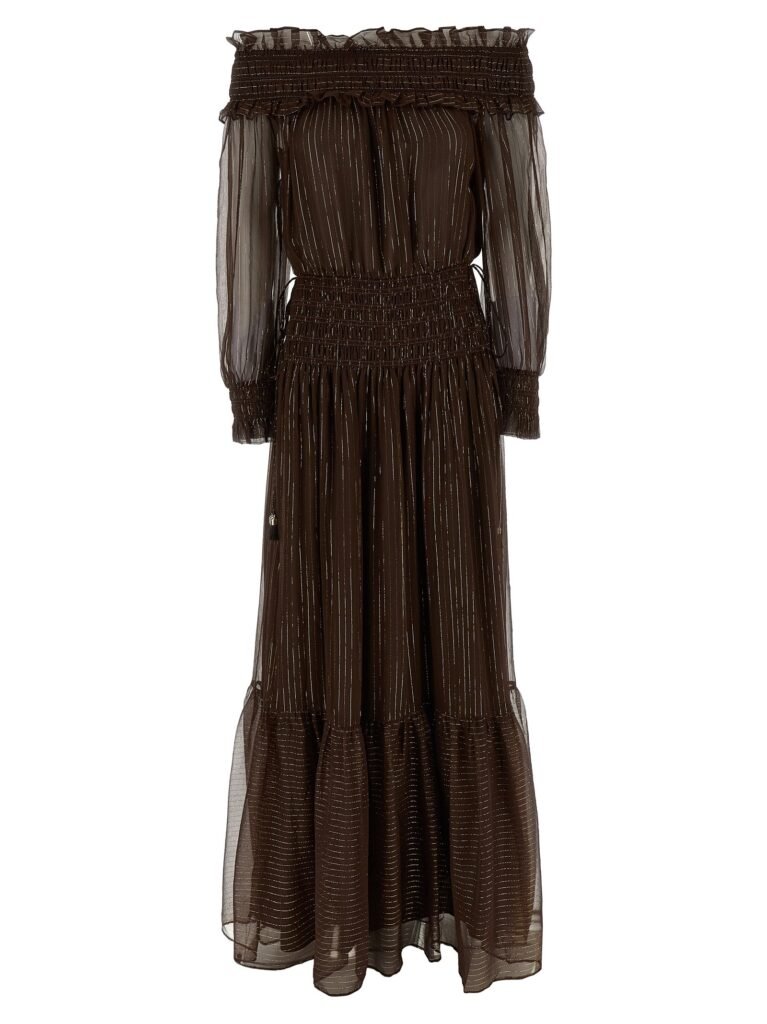 Brown Georgette Off Shoulder Maxi' dress